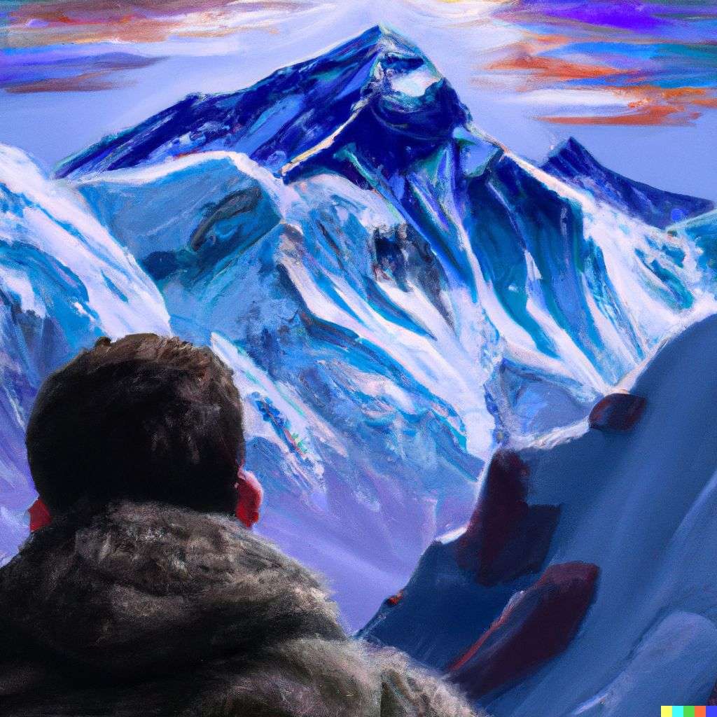 someone gazing at Mount Everest, digital painting, iridescent